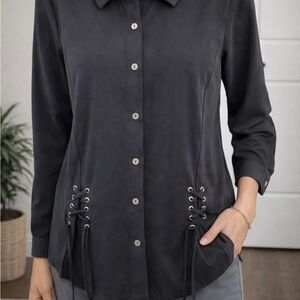 Wynne Layers Black Button-Down Women's Shirt with Lace-Up Detail